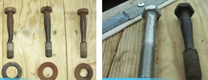 What happens to sheave bolts without proper lubrication. New vs old bolt.